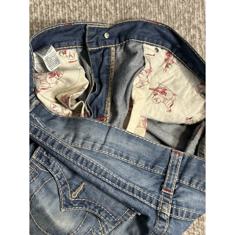True Religion Straight Flap Old Multi Big T Distressed Blue Jeans Mens 40 X 34
